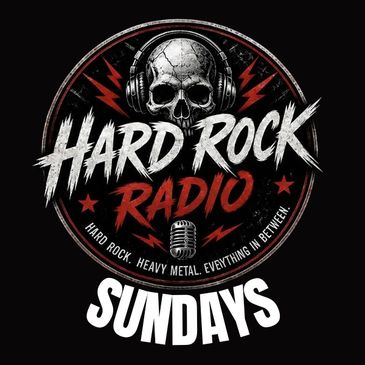 Logo for Hard Rock Radio featuring a skull with headphones and bold text.