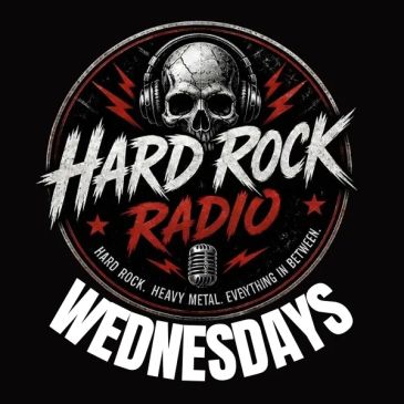 Hard Rock Radio logo with skull, headphones, and microphone, promoting Wednesdays.