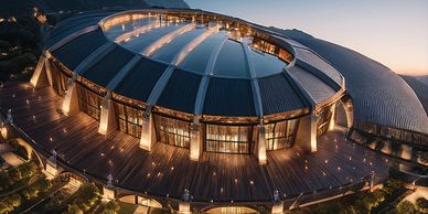 Modern circular building with panoramic windows at dusk.