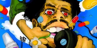 Cartoon man with red eyes holding a microphone and pills floating around.