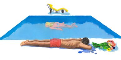 Man sunbathing by pool, woman swimming.