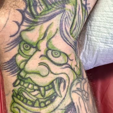 freehand hanya mask tattoo design by Shelldon bowers Tattooartist electric hand tattoo wynnum.