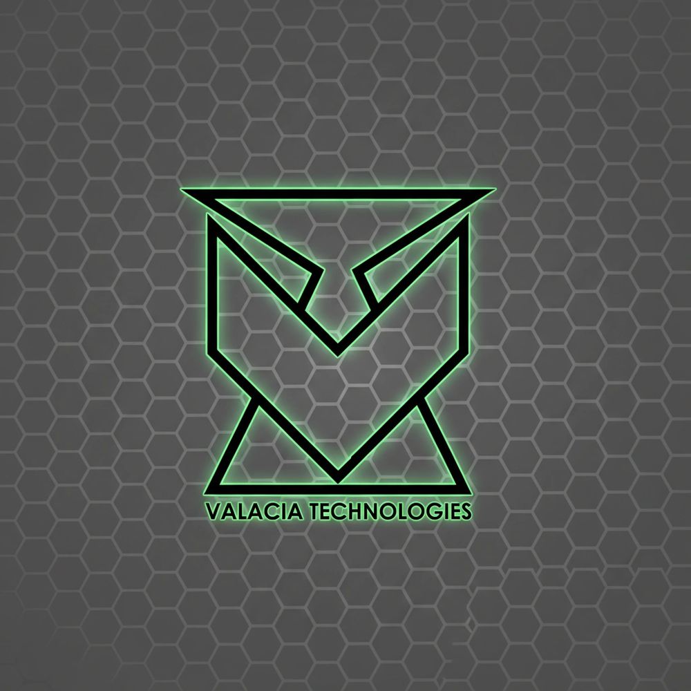 Glowing green Valacia Technologies logo on a hexagonal patterned dark background.
