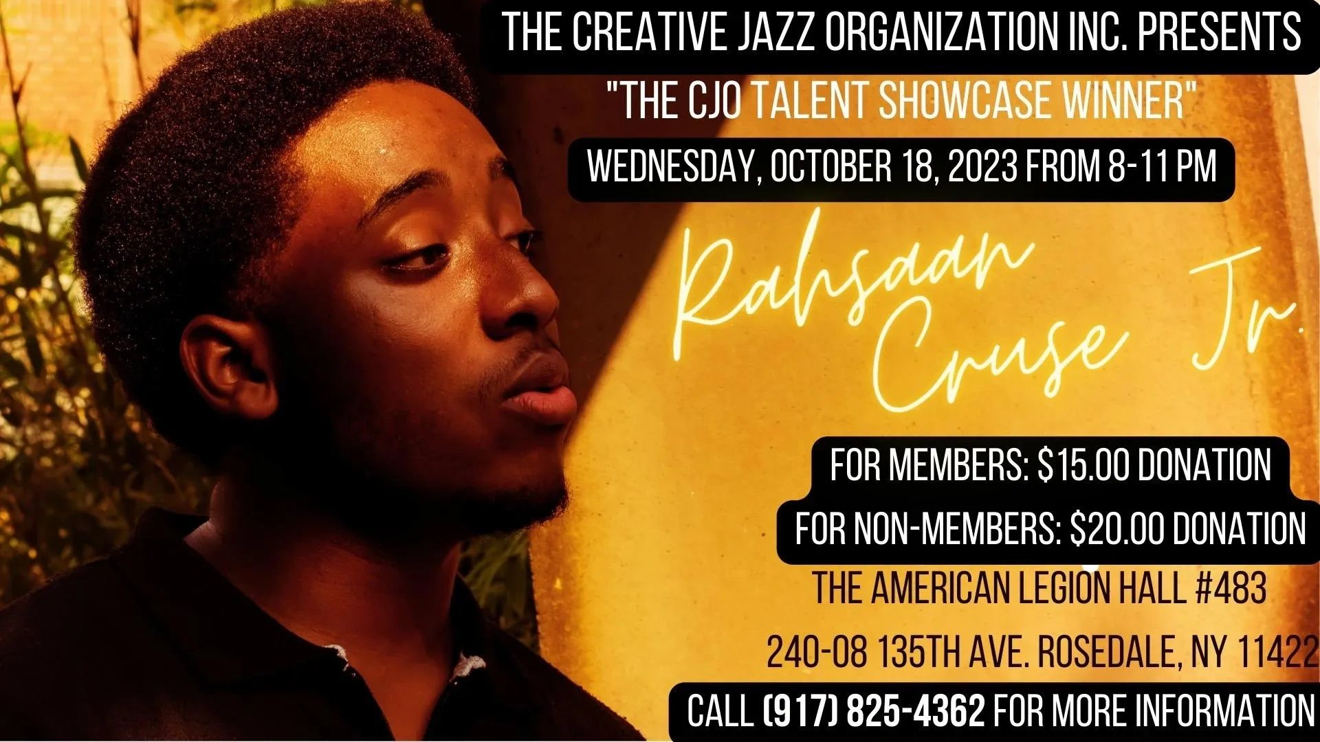 Jazz talent showcase featuring Rahsaan Cruse Jr. on October 18, 2023, in Rosedale, NY.