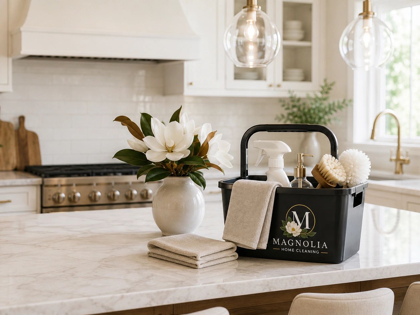 Beautifully maintained kitchen with fresh magnolia flowers, pristine countertops, and polished finishes, creating a space that feels clean, refreshed, and ready to enjoy."