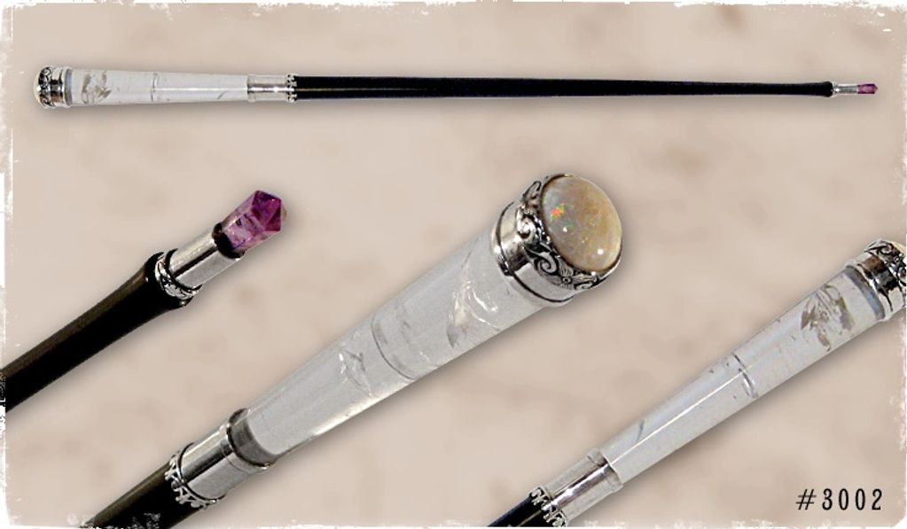 Magic wand features: Endcap: Opal Cabachon / Handle: Quartz / Shaft: Gabon Ebony / Tip: Amethyst