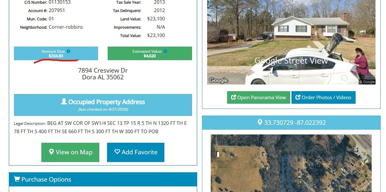 Property tax details and Google Street View image of a house with a woman at the trunk.