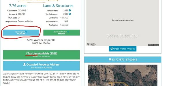 Screenshot showing property details and opening bid for land on Warrior Jasper Rd.