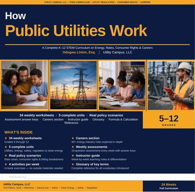 Cover of an educational guide on public utilities for grades 5-12 with worksheets and activities.