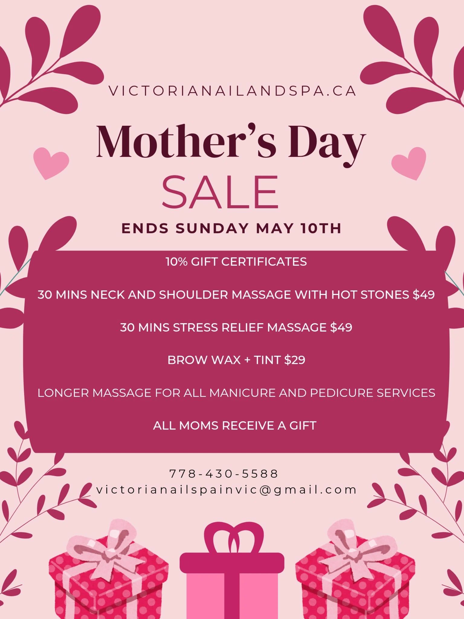 Mother's Day sale at Victorian Nail and Spa with special massage and waxing offers.