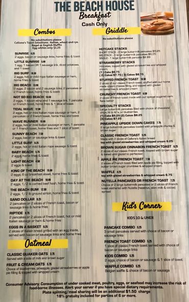 The beach outlet house menu