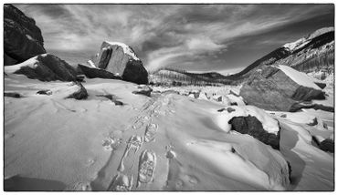 winter, trail, rocks, snow