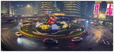 View on Lujiazui roundabout by the Pearl tower from the walking bridge around the square after the s