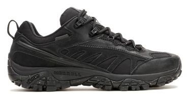 Black rugged outdoor hiking shoe with thick sole and lace-up design.