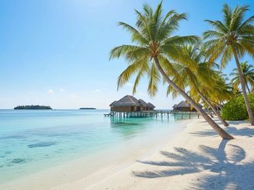 Tropical beach with palm trees and overwater bungalows under clear skies.