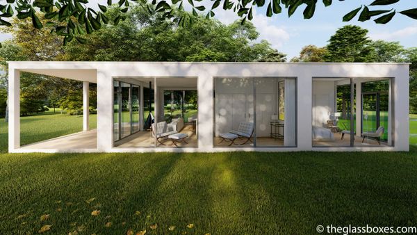 For exceptional views.Side View of the Bauhaus Modern Home made in Texas. 30' x 56' including patio.