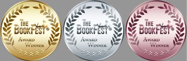 Gold, silver, and bronze BookFest award winner medals.