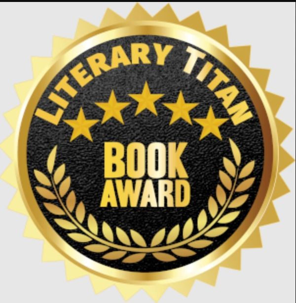 Literary Titan Book Award emblem with five stars.