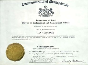 Chiropractor license from Pennsylvania issued to Hany Elbibiany.