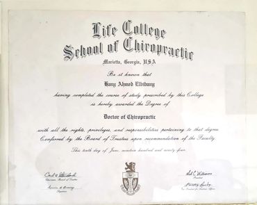 Diploma from Life College School of Chiropractic.