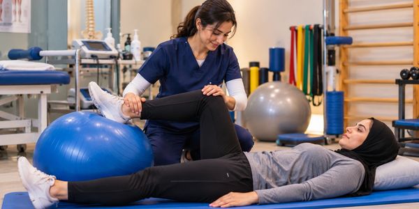 Therapist assisting woman with leg exercise on exercise ball.
