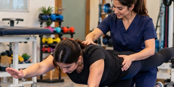 Physical therapist assisting patient with exercise.