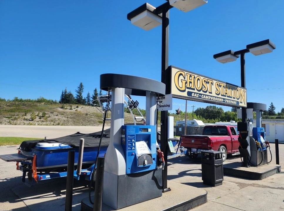 Boat on a trailer fueling up at the Ghost Station Shell pumps