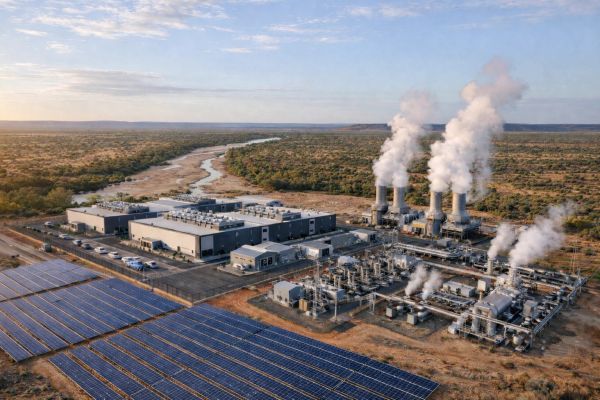 Power plant with solar panels and smokestacks in a rural area.