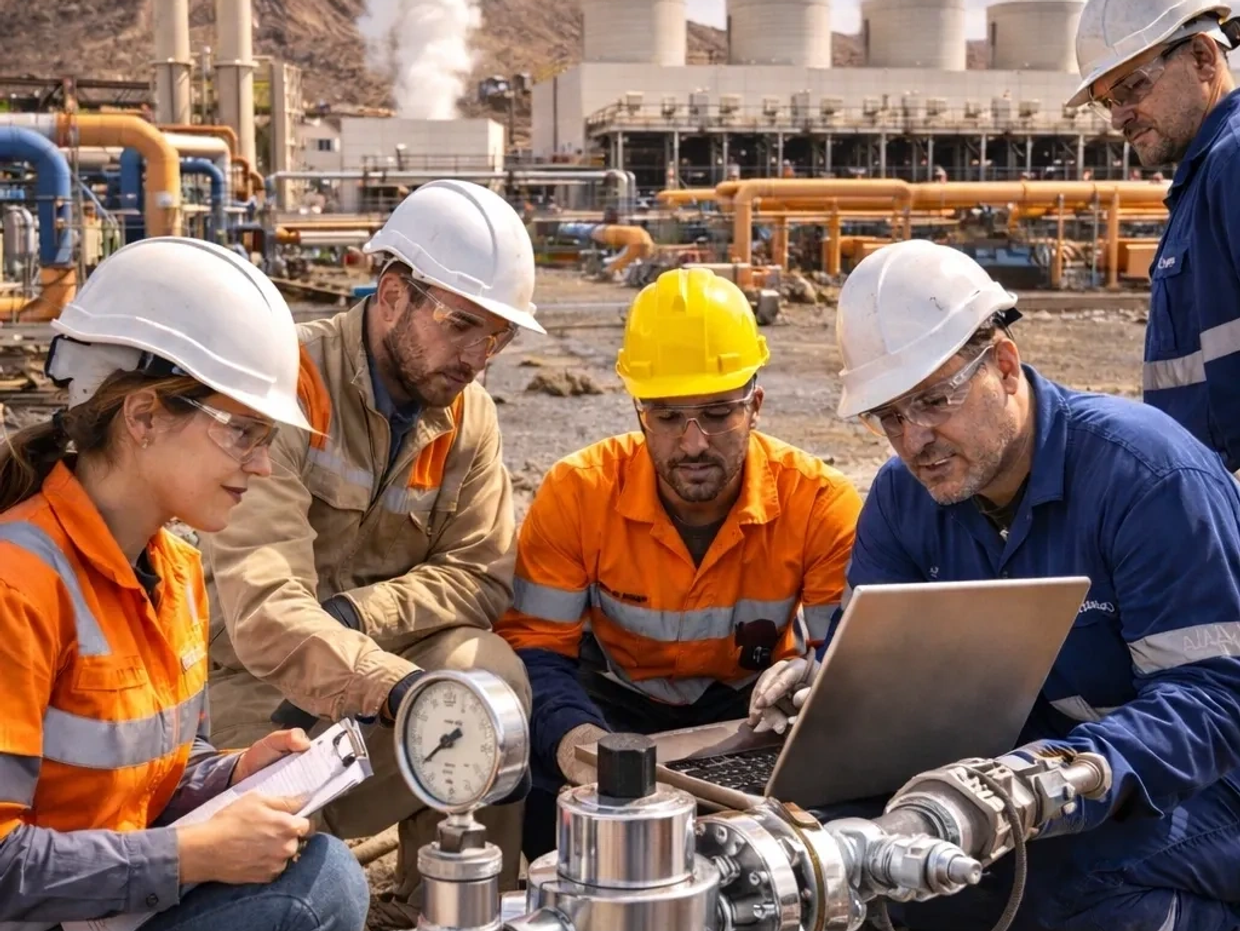 Industrial workers inspecting equipment with laptop at plant.
