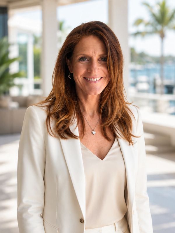 Smiling woman in white blazer with a sunny outdoor background.