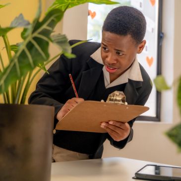 Boy taking notes on a clipboard indoors.