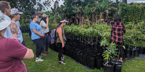 Group of people attending a plant nursery tour.