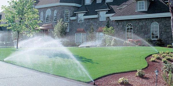 Sprinklers watering a lush, green lawn in front of a stone house.
