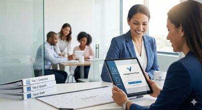 Two businesswomen using a tablet with Vantage Point Portal login screen in a modern office.