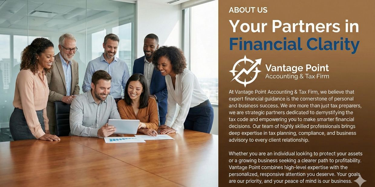 Team meeting at Vantage Point Accounting & Tax Firm discussing financial strategies.