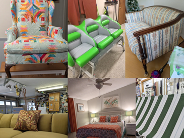Various upholstered furniture pieces and a cozy bedroom interior.