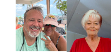 Two photos: a smiling couple outdoors and a woman indoors in red.