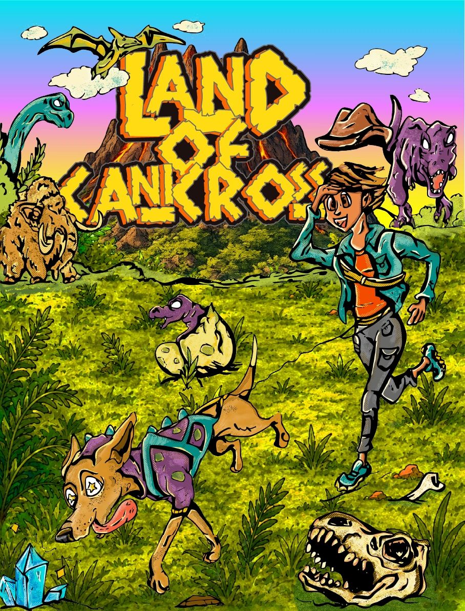 Cartoon adventure titled Land of Caniross with dinosaurs and a boy running a dog.