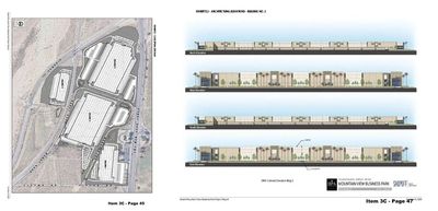 Site plan and elevation drawings of a building complex in a desert area.