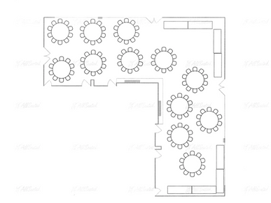 A drawing of round tables dinning area
