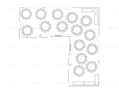 A sample layout of round tables and chairs and the venue 