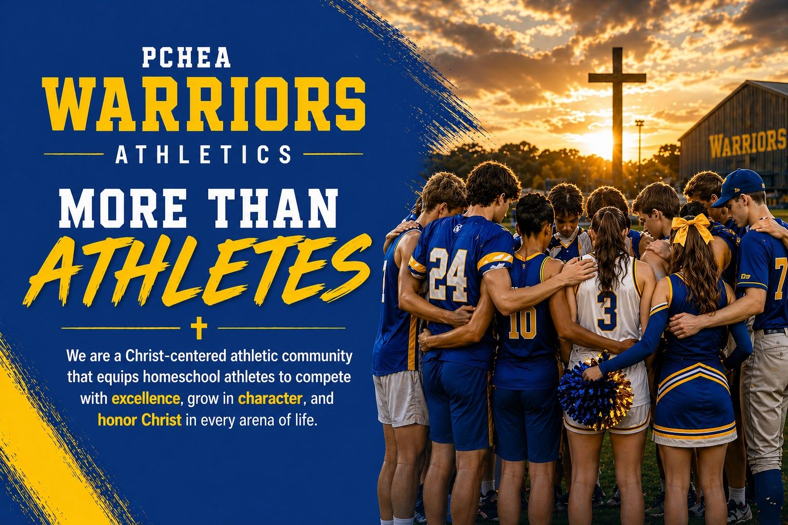 PCHEA Warriors team huddles with a sunset cross in the background, emphasizing faith and unity.