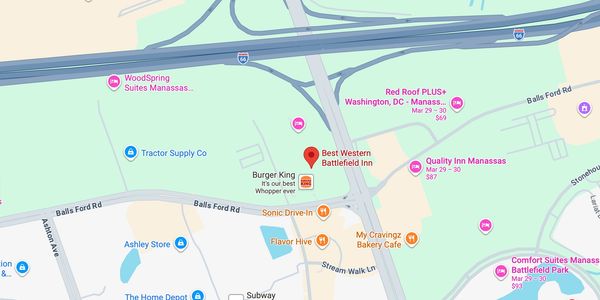 Map showing Best Western Battlefield Inn and nearby hotels and restaurants in Manassas.