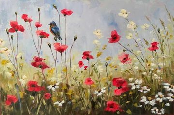 Colorful wildflowers with a bird perched among them.