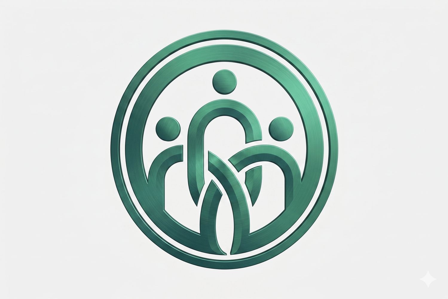 Green metallic family symbol with three figures inside two circular rings.