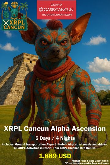 Colorful tattooed dog figure with Mayan pyramid background promoting XRPL Cancun event.