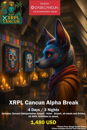 XRPL Cancun Alpha Break event promotion with vibrant Day of the Dead themed artwork.