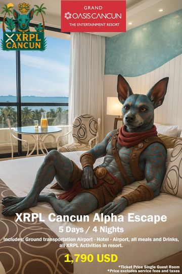 Anthropomorphic dog character lounges in a resort room with ocean view, promoting XRPL Cancun Alpha Escape.