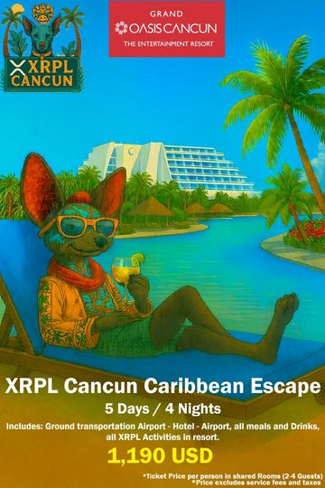 XRPL Cancun Caribbean Escape promotional poster with tropical resort and relaxing dog character.
