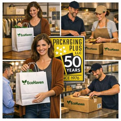 Happy customers and staff packaging EcoHaven products with branded bags and boxes.